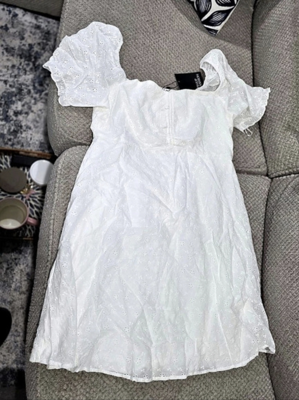 Pinup Fashion Plus Size Eyelet Puff Sleeve Babydoll Sundress Mini Dress White